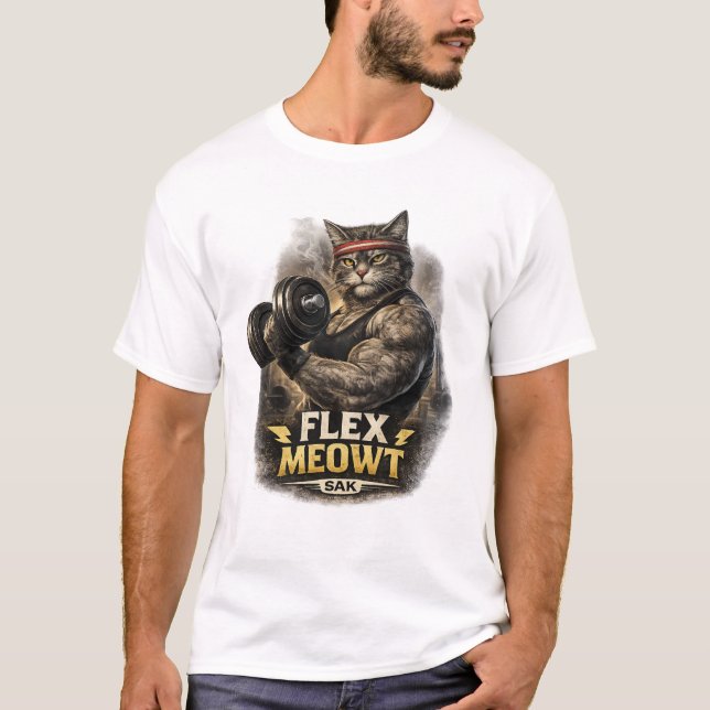 Flex Meowt | Camiseta engraçada de gato na academi (Frente)
