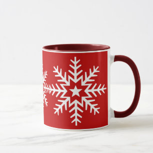 Floco de neve branco gigante na caneca vermelha