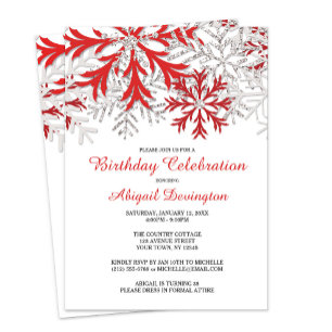 Floco de neve Red Silver Winter Birthday Convites
