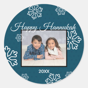 Flocos de neve azuis Hanukkah feliz - etiqueta do