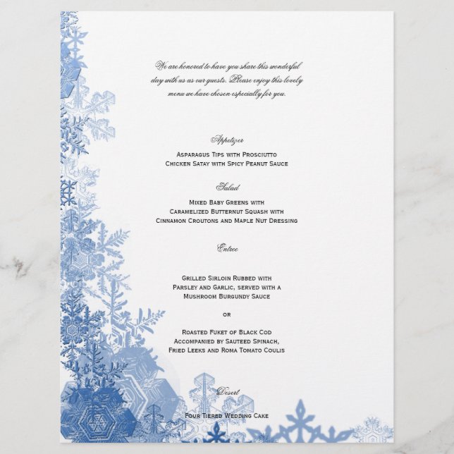 Flocos de neve azuis no Menu Casamento Branco (Frente)
