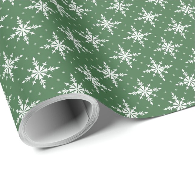 Flocos de Neve Brancos em Papel de Presente Verde  (Ponta do rolo)