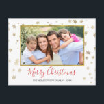 Flocos de neve com folhas de ouro Cartão com fotos<br><div class="desc">Faux Gold Foil Snowflakes Feliz Natal - Cartão com fotos de Férias. A imagem,  data e nome da família podem ser substituídos neste Cartões de foto de Natal simples e elegante.</div>