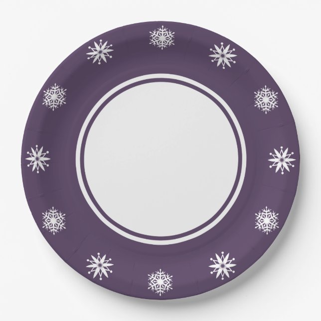 Flocos de neve de inverno em prato de papel roxo (Frente)