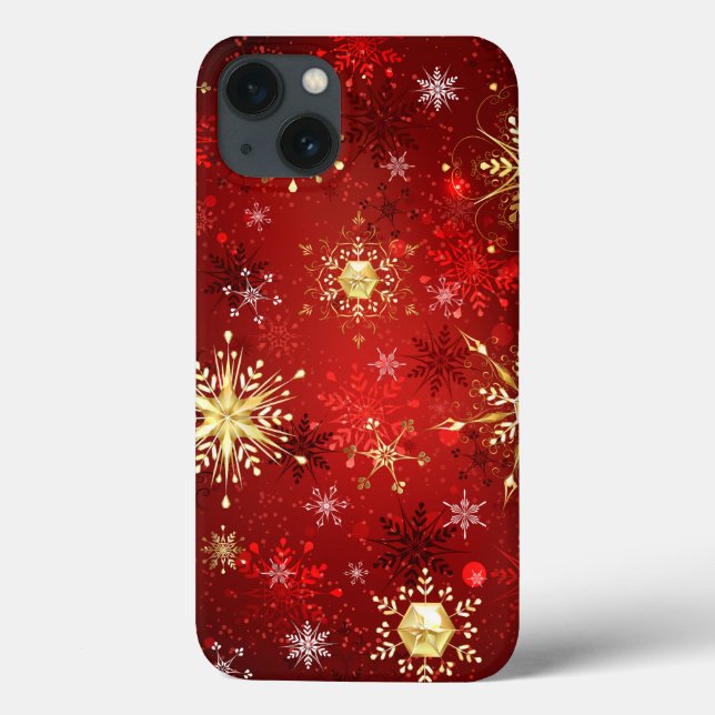 Flocos de neve do Ouro de Natal em Fundo Vermelho (Verso)