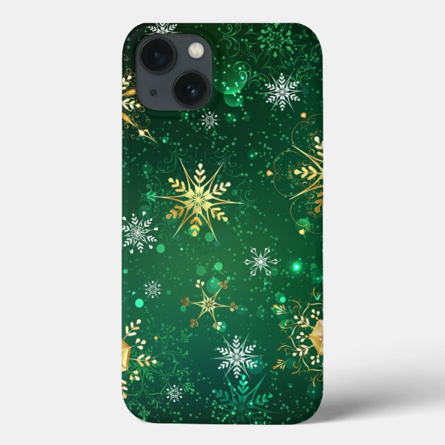 Flocos de neve do Ouro Xmas em fundo verde (Verso)