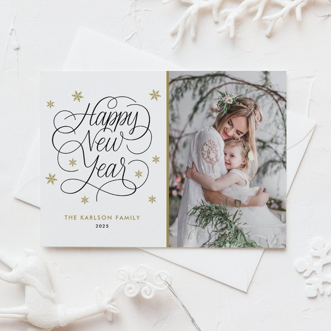 Flocos de neve Dourados | CARTÃO COM FOTOS FELIZ A (Gold Snowflakes Happy New Year Photo Holiday Card)