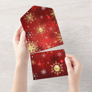 Flocos de Neve Dourados de Natal em Fundo Vermelho