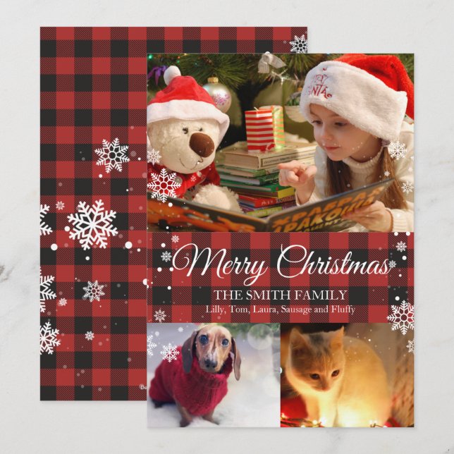 Flocos de neve e Cartão de Natal de Xadrez de Buff (Frente/Verso)