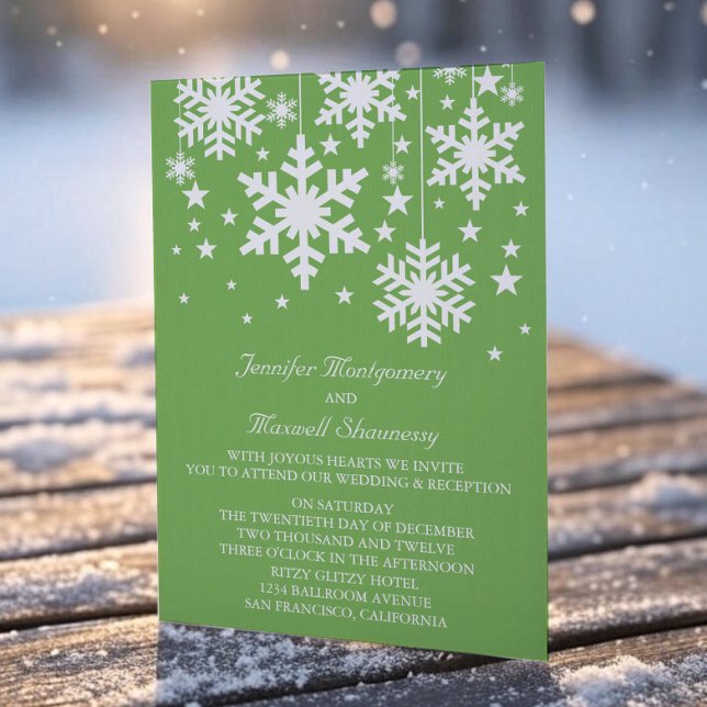 Flocos de neve e Convite de casamento de estrelas, (Green Snowflakes and Stars Wedding Invitation)