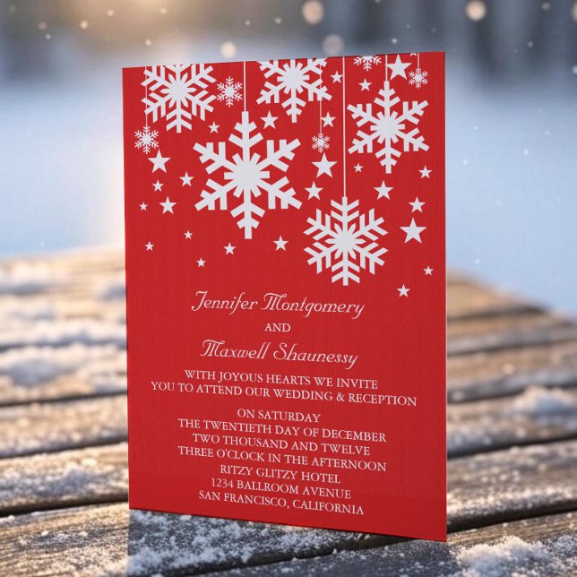 Flocos de neve e Convites de casamento de estrelas (Red Snowflakes and Stars Wedding Invitation)