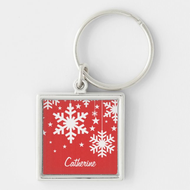 Flocos de neve e estrelas Chaveiro Premium, vermel (Frente)