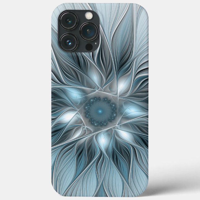 Flor Abstrata Alegre Azul Cinza Fractal Floral (Verso)