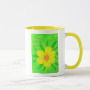 Flor amarela brilhante em canecas verdes e brilhan