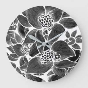Flor branco preto do relógio de parede acrílico