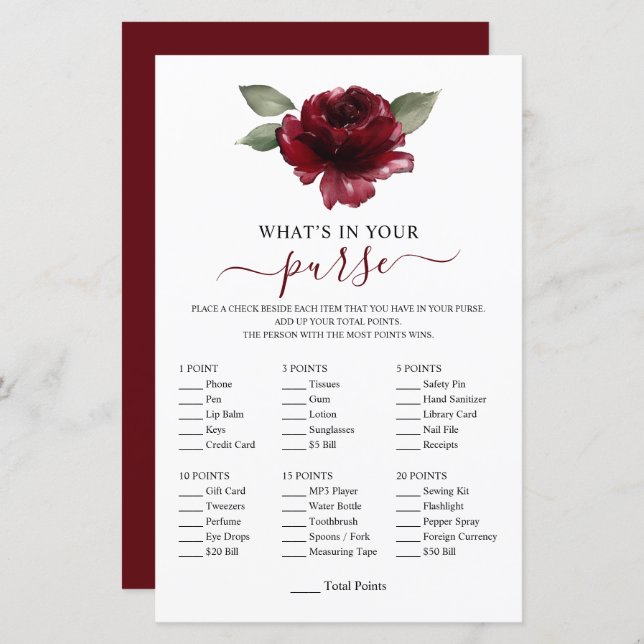 Flor Burgundy O que há no seu Chá de Jogo de Bolsa (Frente/Verso)