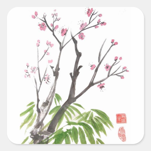 Flor de ameixa e adesivos de bambu (Frente)