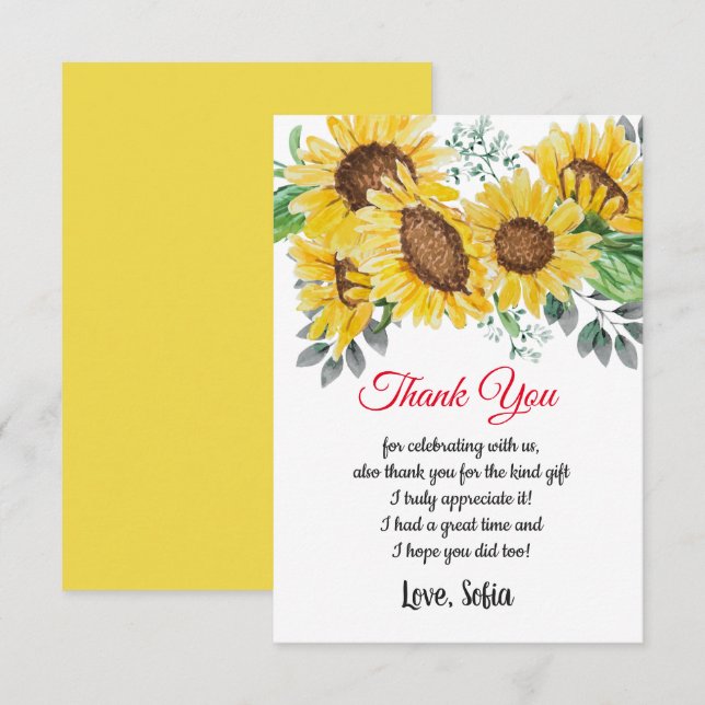 flor de aquarelas, girassol, cartões de agradecime (Frente/Verso)