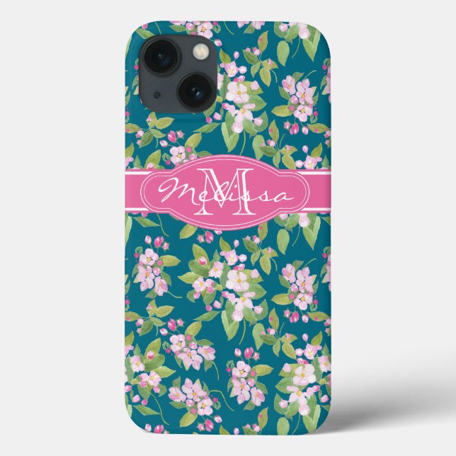 Flor de Maçã Rosa Monograma no Azul Escuro (Verso)
