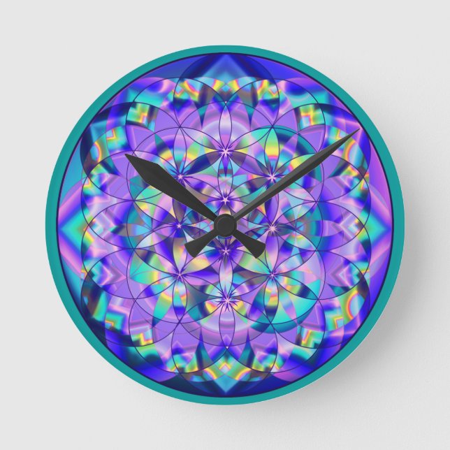 Flor de Vida Azul~relógio Relógio redondo (Frente)