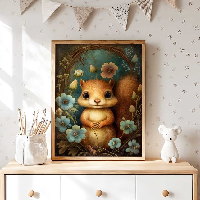 Flor do Esquilo do Bebê | Impressão de parede de e (Woodland Squirrel Nursery Print with Blue Flowers by TinkPrints. )