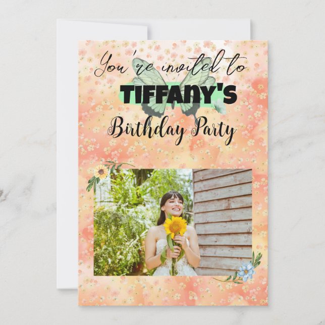 Flor e borboleta adicione seu convite de fotos (Frente)