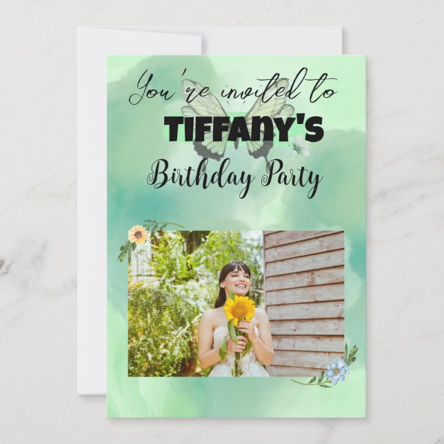 Flor e borboleta adicione seu convite de fotos (Frente)