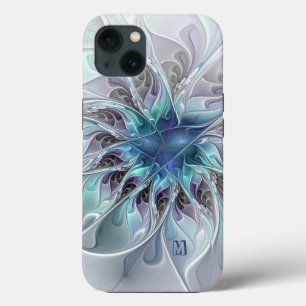 Flor Fractal Moderna Abstrata Com Monograma Azul