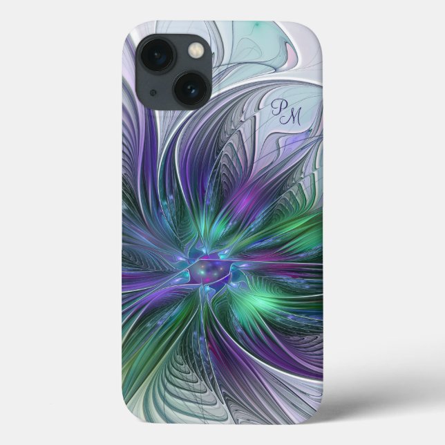Flor Monograma Abstrata Fractal Arte Verde Roxo (Verso)