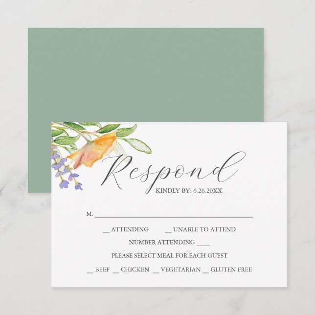 Flor selvagem com placas RSVP de escolha de refeiç (Frente/Verso)