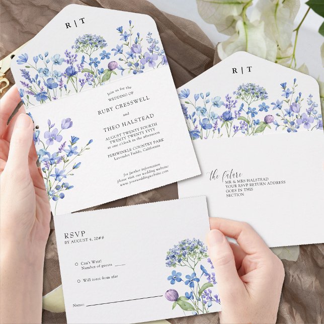 Flor Selvagem De Casamento Delicado Periwinkle Flo (Trifold wedding invitation with tear-off RSVP from Lilac + Periwinkle Wildflower Wedding Collecton)