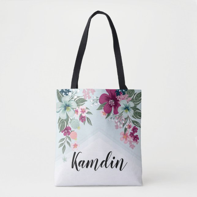 Flor Tropical Tote Bag Personalizada no Ombr Azul (Frente)