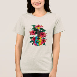 Flor Ukulele Guitarra T-Shirt Round Pescoço Curto