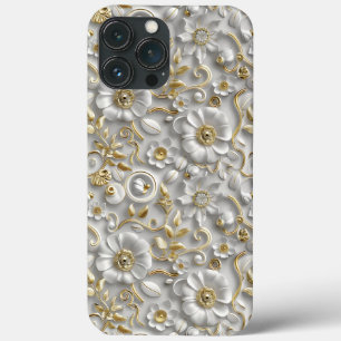 Flora 3D Decorativa Dourada Branca Floral
