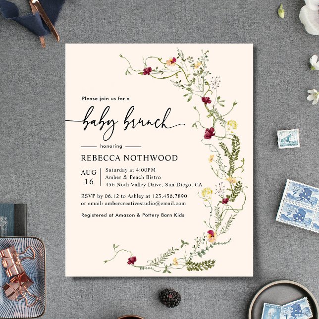 Florais Cor-de-rosa-pincelado Bebê Convite Brunch (Criador carregado)