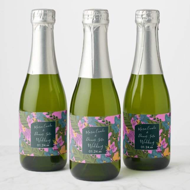 Florais Desenhadas à Mão Casamento Verde Bold Rosa (Garrafas)