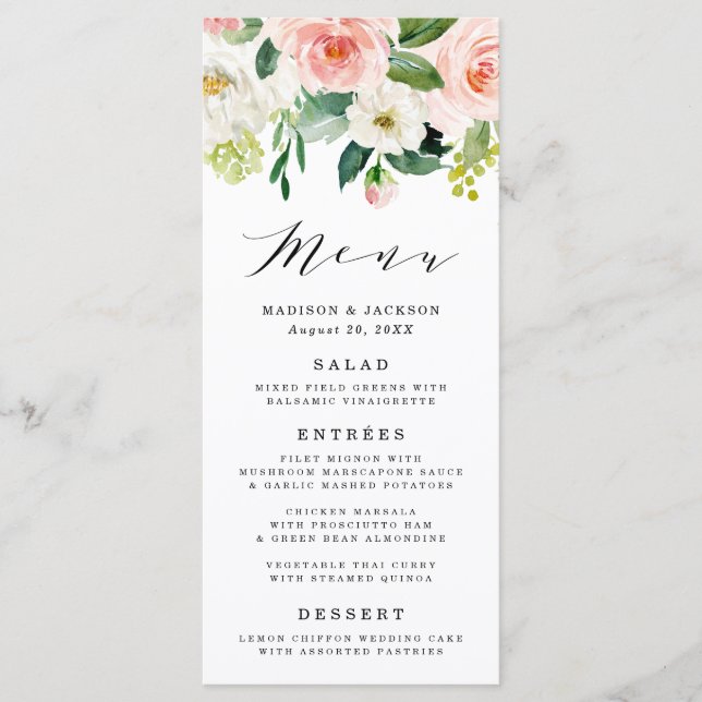 Florais Rosados | Cartão de Menu de Casamento (Frente)
