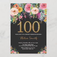 Floral 100º Aniversário Convite Dourado Literário