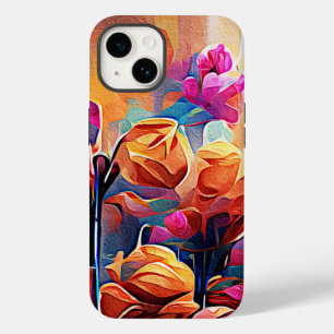 Floral Abstrato Art Laranja Vermelho Azul Flores