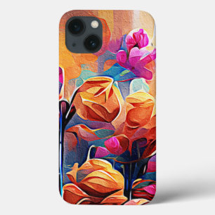 Floral Abstrato Art Laranja Vermelho Azul Flores