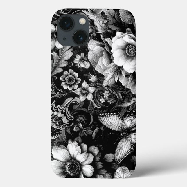 Floral Antiquado Monocromático com Borboletas (Verso)