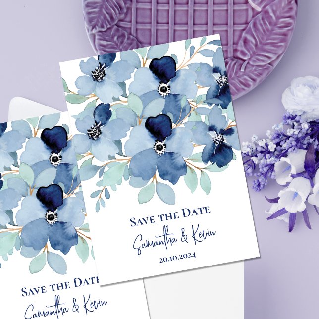 Floral Azul Elegante Salve o Cartão de Data (Pretty Stale Blue Floral Wedding Save The Date Invitation)