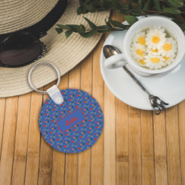 Floral azul padrão flores silvestres nome Chaveiro