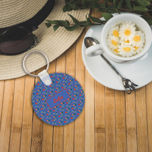 Floral azul padrão flores silvestres nome Chaveiro