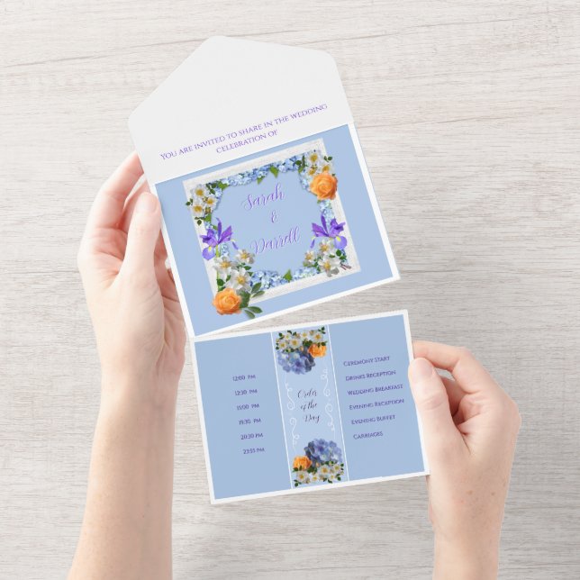 Floral Azul Tudo em Um Convite de casamento (Aba destacável)