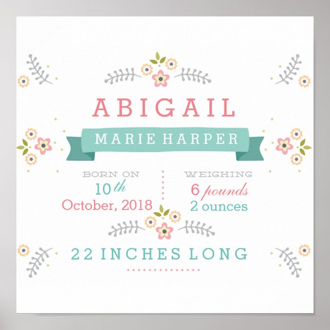 Floral Baby Stats Poster (Frente)