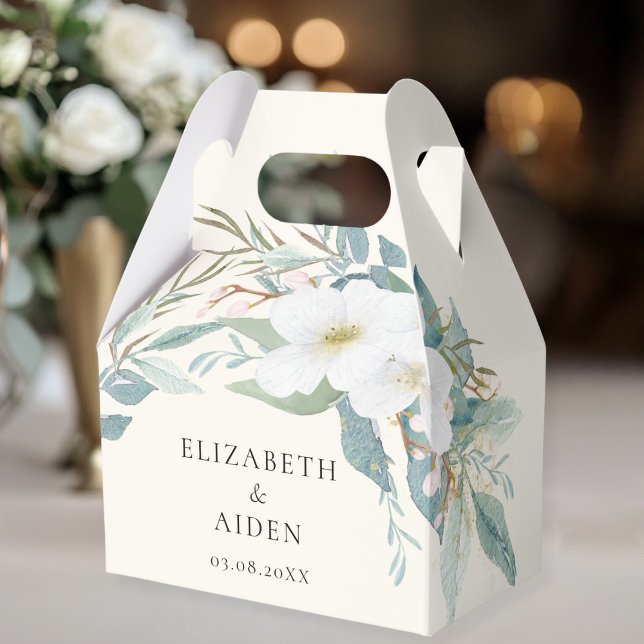 Floral, Beige, caixa de presentes de caixa de casa (Floral, White, Beige, Greenery, Wedding Box gift box with your name and date.)