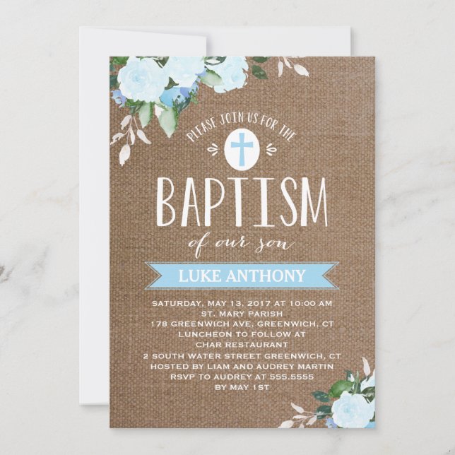 Floral Blooms Burlap Azul| Convite Baptism (Frente)