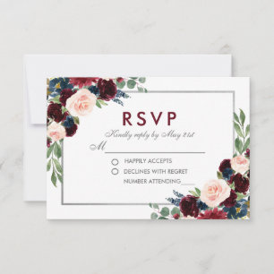 Floral Blue Burgundy Silver Weding RSVP