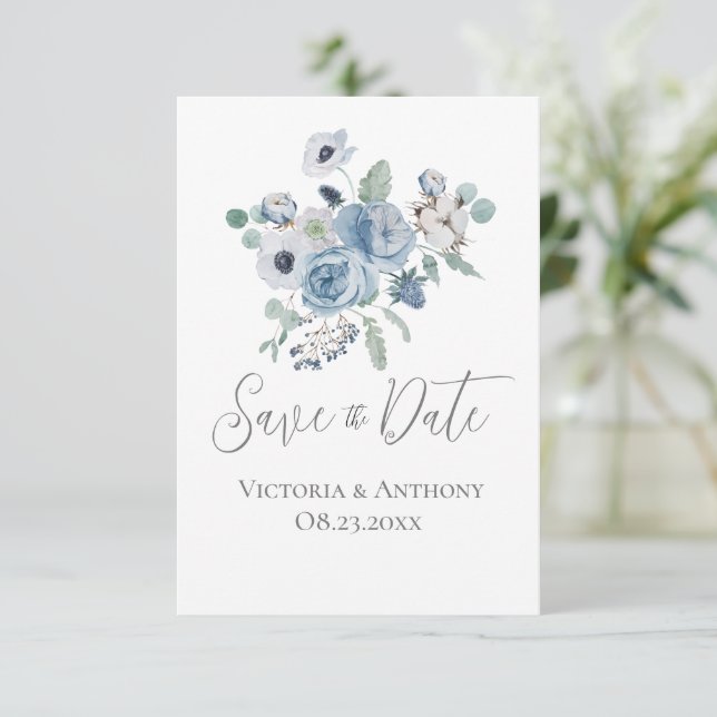 Floral Blue Script Modern Weding Date (Casamento M (Em pé/Frente)